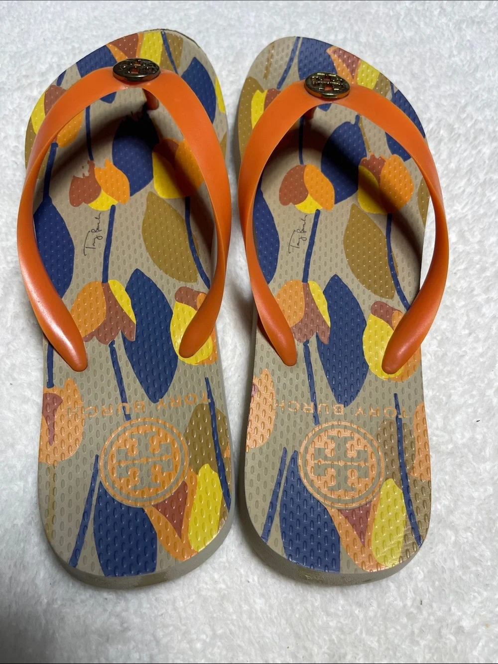 Tory Burch Orange Logo Flip Sandals with Multicolor Floral Footbed Size 8